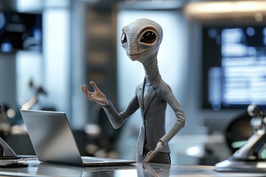 An imaginative depiction of a humanoid alien character dressed in a suit, engaging with a laptop in a sleek, modern office, symbolizing intelligence and advanced technology.
