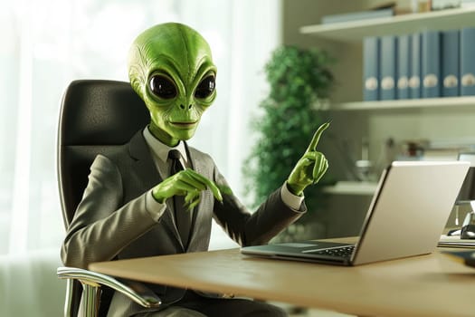 A green-colored alien character in a business suit is seated in a bright office, engaging with a laptop. This image captures creativity and professionalism in a sci-fi context.