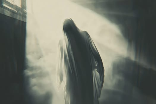 A haunting depiction of a ghostly figure in a misty setting, captured in soft light, creating an atmosphere of mystique and eerie solitude.