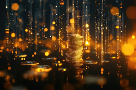 This stunning abstract image features a stack of gold coins illuminated by glowing light particles, set against a dramatic dark background, symbolizing wealth and digital finance.