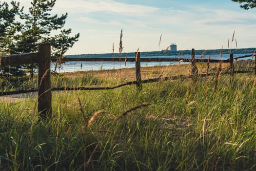 A coastal path bordered by a wooden fence runs alongside a grassy shoreline, offering a peaceful and scenic view of the ocean under a bright blue sky