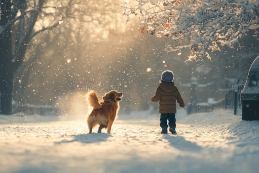 A heartwarming scene of a child and a golden retriever enjoying a snowy day, surrounded by gentle sunlight and falling snowflakes, capturing the essence of winter joy and companionship.