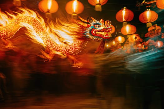 A vibrant dragon dance with flowing flames illuminates the night, surrounded by glowing lanterns, capturing the energy and excitement of a cultural festival celebration.
