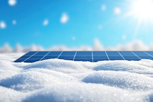 Solar panels covered in soft snow under bright winter sun.