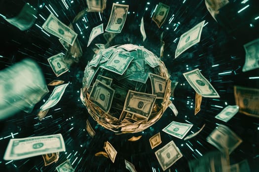 This image captures a whirlwind of flying dollar bills, creating a vibrant scene that symbolizes the energy of financial transactions and global commerce.