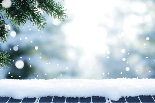 Snow covered solar panels in serene winter landscape with pine branches.