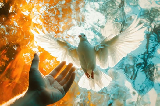 A beautiful white dove is seen taking flight from an outstretched hand, surrounded by vibrant colors of nature, symbolizing freedom, peace, and the beauty of letting go.