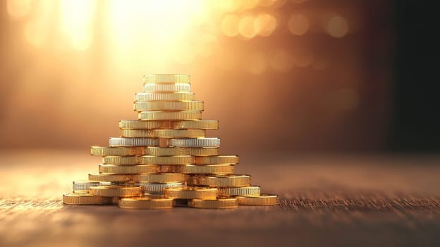 stack of gold and silver coins glimmers in warm light, symbolizing wealth and prosperity.