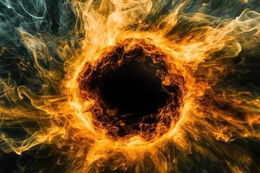 This mesmerizing image showcases swirling fiery flames forming a stunning circular pattern against a deep black background, perfect for dramatic designs and creative projects.