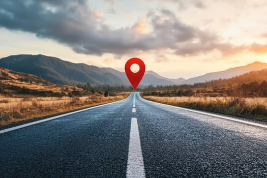 A captivating image depicting an open road with a vibrant location pin, under a stunning sunset, surrounded by mountains and nature's beauty, inviting exploration and adventure.