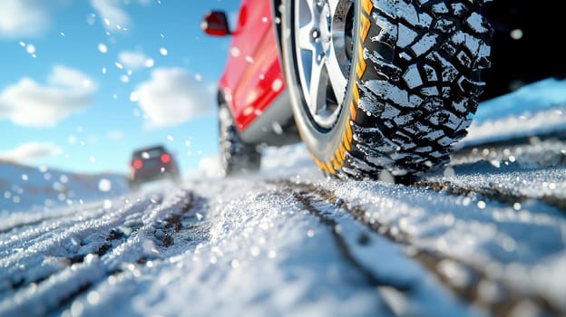 car on snowy road with close up of studless tires, showcasing winter driving.