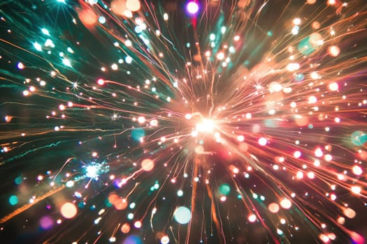 Stunning display of vibrant fireworks bursting in the dark sky, creating an exhilarating atmosphere with colorful sparks and shimmering lights for celebrations.
