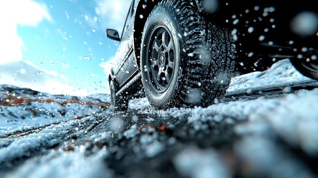 car on snowy road with studless tires, showcasing winter driving.
