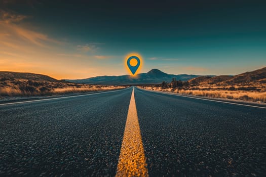 A captivating scenic view of an empty road leading towards majestic mountains at sunset, enhanced with a location marker, symbolizing adventure and exploration.