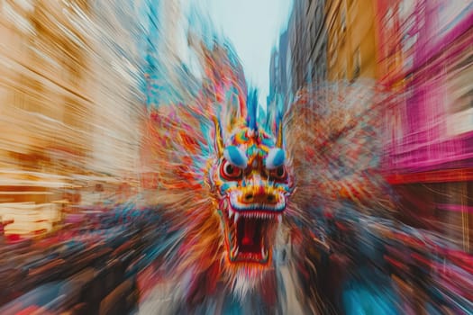 A vibrant dragon parade fills the street with excitement and color, showcasing cultural traditions in an urban setting, captivating all with its dynamic energy.