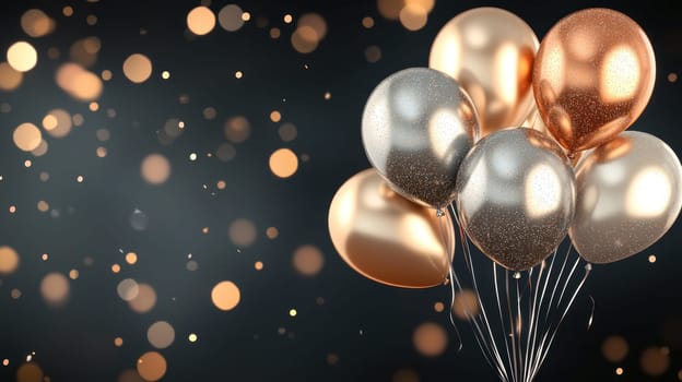 Shiny metallic balloons in gold and silver create festive atmosphere.