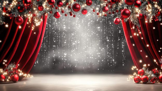 A beautiful Christmas stage featuring elegant red curtains, shiny ornaments, and sparkling lights creates a magical atmosphere perfect for holiday celebrations and events.