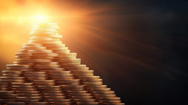 stunning display of stacked gold and silver coins radiating light, symbolizing wealth and.