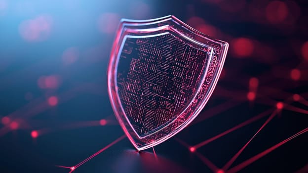 holographic digital firewall shield with transparent data elements.