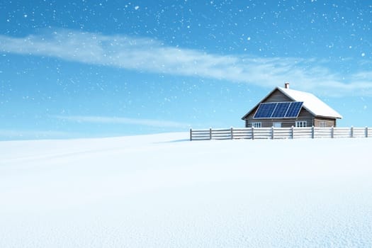 serene winter scene featuring house with solar panels surrounded by snow.
