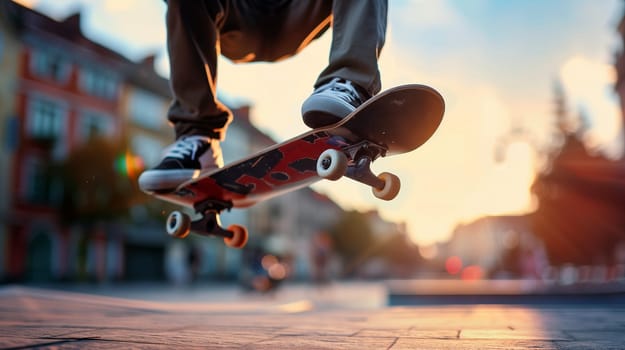 A skateboarder catches air while performing a trick in an urban plaza during sunset, with vibrant colors illuminating the background and nearby buildings - Generative AI