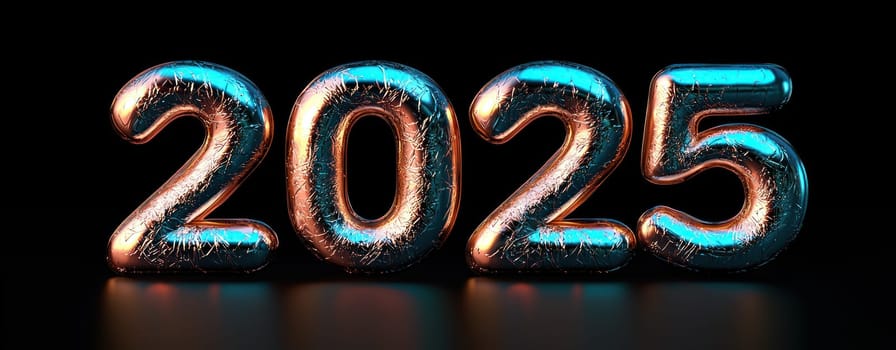 Shiny metallic numbers representing year 2025, reflecting light beautifully.
