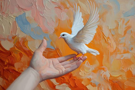 This beautiful painting captures a white dove taking flight from a gentle hand, symbolizing freedom and peace, set against a warm, abstract background full of vibrant colors.