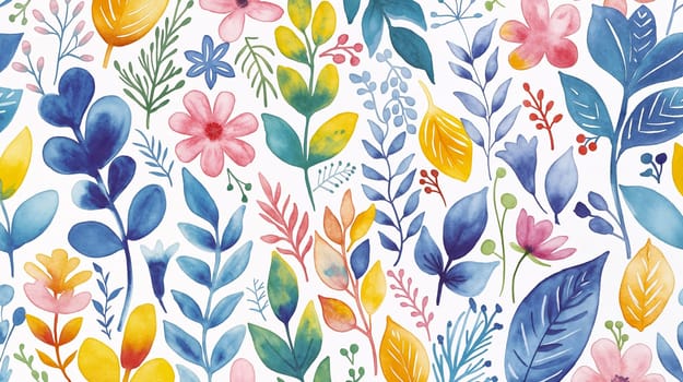 A vibrant arrangement of watercolor flowers and leaves in various colors creates a lively and cheerful pattern, perfect for backgrounds or decorative purposes - Generative AI