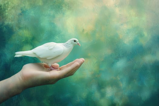 A beautiful white dove perches gently on a human palm, embodying peace and connection, set against a soothing green and blue background that evokes a sense of calm.
