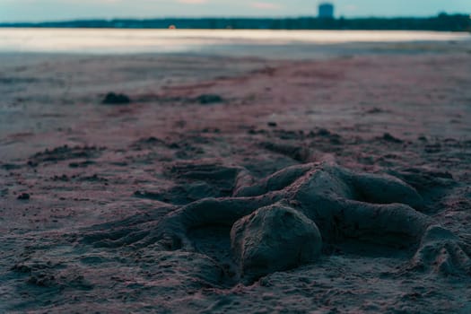 A lizard-shaped sand sculpture rests on a beach at dusk, with gentle evening light casting soft shadows, capturing a serene and creative scene by the shoreline
