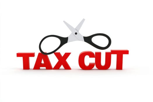 3D rendering text display tax cut with scissors.