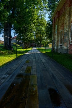 Pathway leading to an ancient stone fortress surrounded by large trees, creating a tranquil and historic ambiance amidst lush greenery