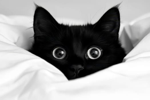 A black cat cautiously peeks out from under a cozy blanket on a chilly day..