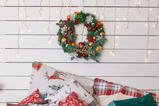 Winter Xmas Hygge home decor. Festive cozy bedroom in Skandinavian style