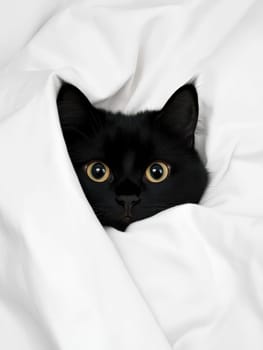 A black cat cautiously peeks out from under a cozy blanket on a chilly day..