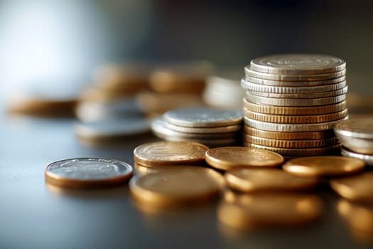 A close-up of stacked coins shimmering in soft light, symbolizing wealth, savings, and financial growth..
