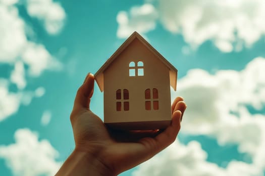 Hand holding 3d house model against cloudy sky background. Conceptual home ownership in open hands..