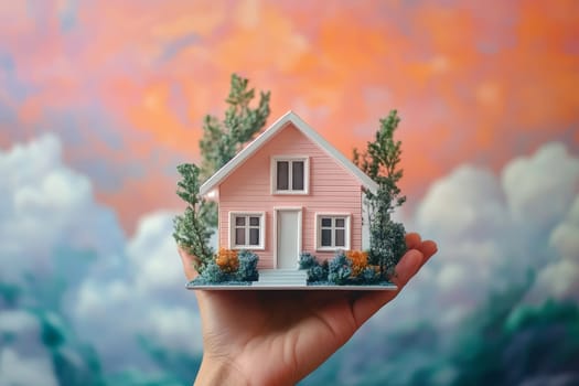 Hand holding 3d house model against cloudy sky background. Conceptual home ownership in open hands..