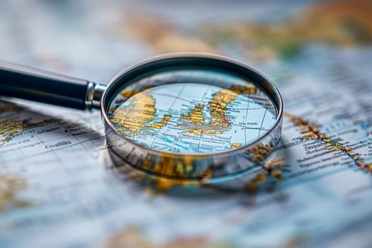 a magnifying glass focusing on map. ai generative.