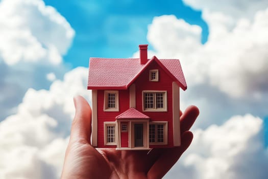 Hand holding 3d house model against cloudy sky background , minimalist asset property montage for rent concept --ar 3:2 --v 6.1 Job ID: 29d02af4-4dd5-46e6-8977-6140e1f00c23