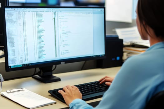 Closeup of woman working at a desk with a computer monitor. ai generative.