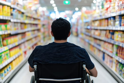 A person hand mobility issue is sitting in a wheelchair to shopping in a supermarket..