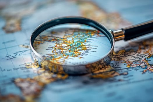 a magnifying glass focusing on map. ai generative.