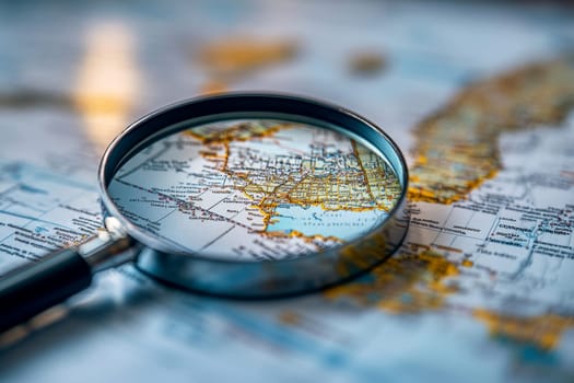 a magnifying glass focusing on map. ai generative.