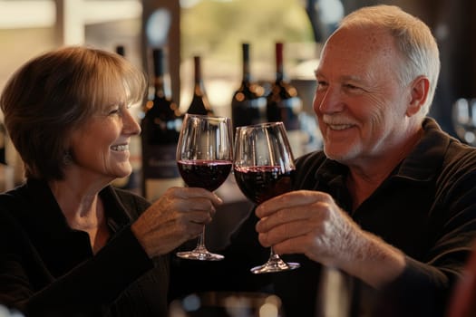 Happy senior couple smiling and drinking wine at restaurant. ai generative.