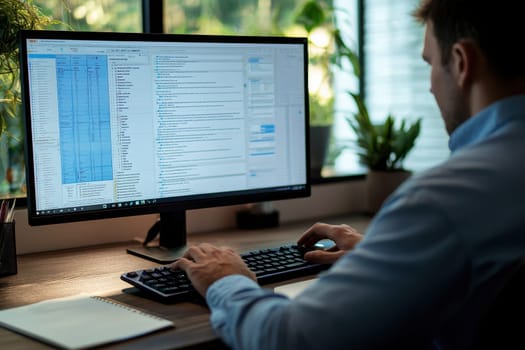 Closeup of man working at a desk with a computer monitor. ai generative.