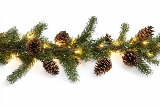 Christmas tree branch garland with cones and lights. Isolated white background --ar 3:2 --v 6.1 Job ID: caab490e-762a-4417-9744-daac08d2c460