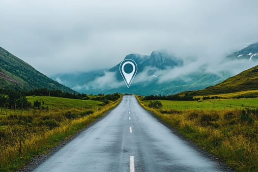 A captivating view of an empty road winding through a vibrant green valley, with fog and mountains in the backdrop, showcasing a prominent location marker for travel inspiration.