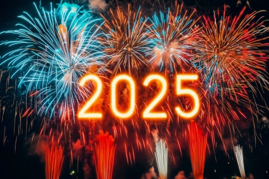 A dazzling array of fireworks explodes in various vibrant colors, illuminating the night sky and marking the celebration of the year 2025 in a spectacular manner..