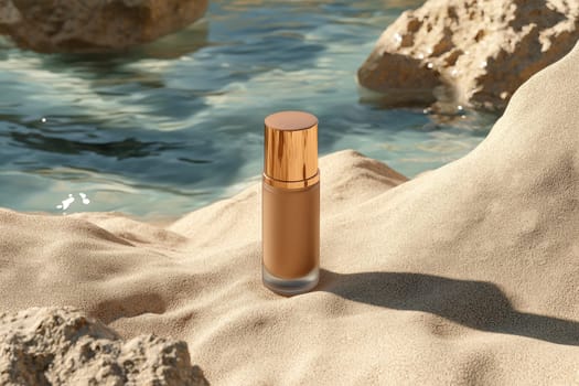 A sophisticated foundation bottle elegantly positioned on a sandy beach, surrounded by clear water, capturing a serene beauty and luxurious lifestyle in a tranquil environment.